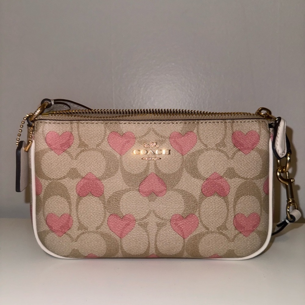 Coach Pink and Tan Heart Pattern Wristlet